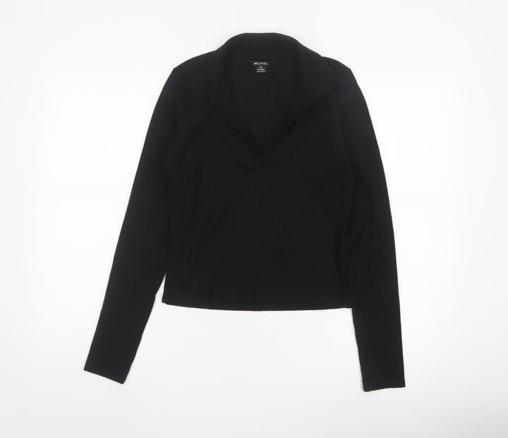 Monki Women’s Black Collared Long Sleeve Stretch Cropped Top Size 12
