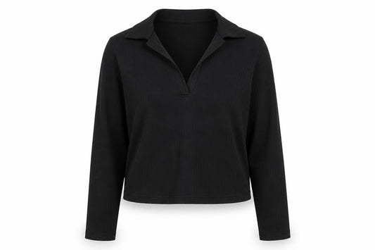 Front view of Monki Women’s Black Collared Long Sleeve Stretch Cropped Top, size UK 12