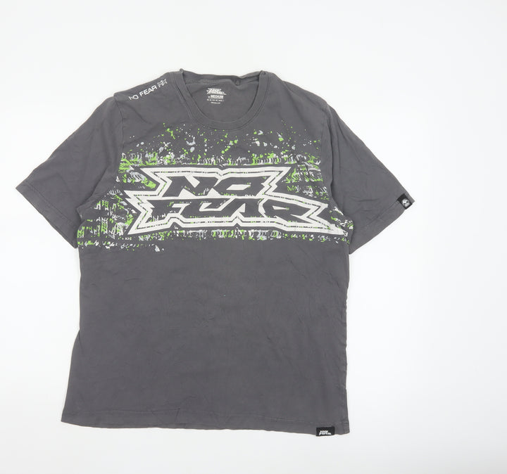 No Fear Men's Grey Graphic Print Crew Neck Cotton T-Shirt Medium