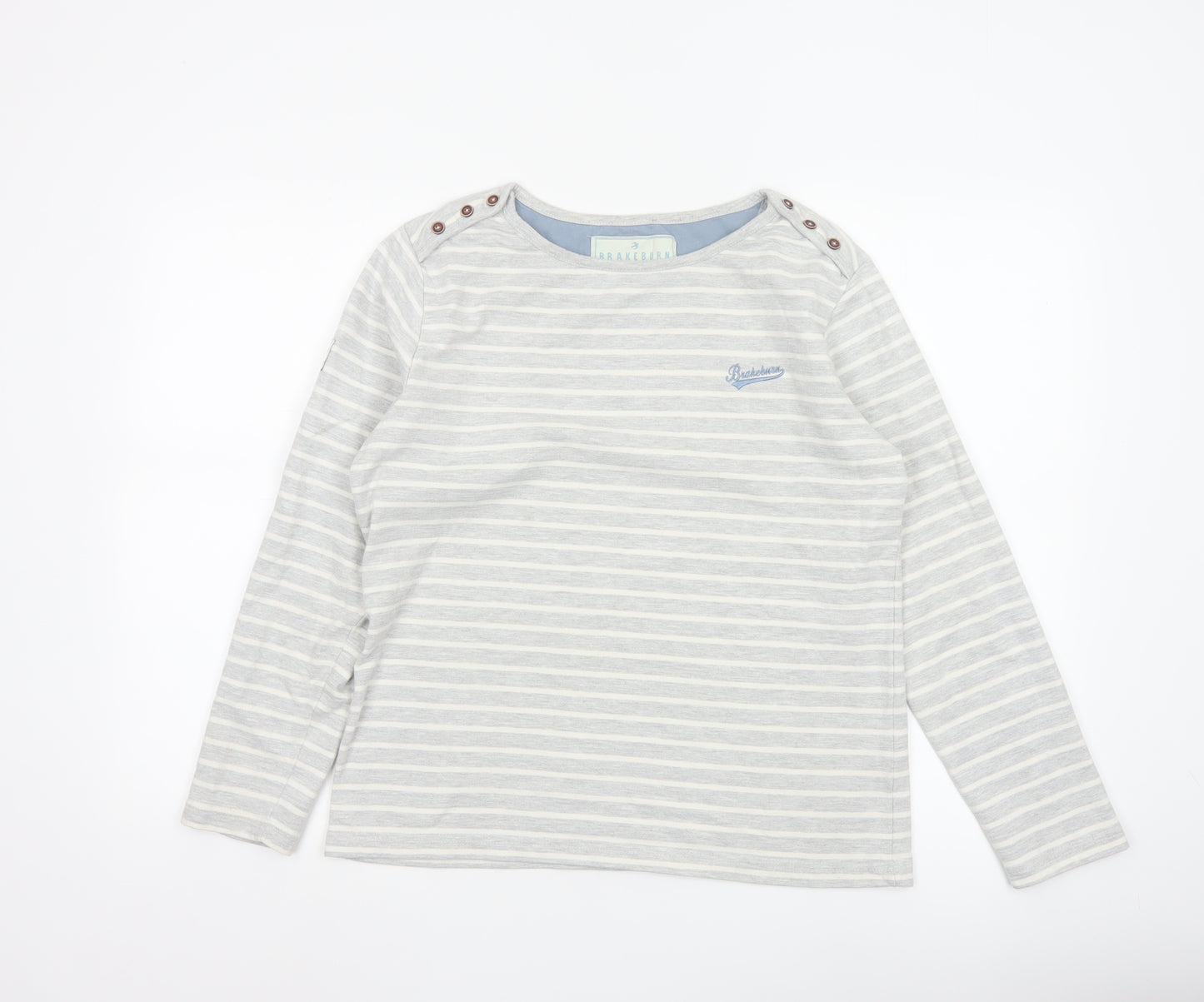 Brakeburn Women’s Grey Striped Long Sleeve Boat Neck Cotton Top Size 10