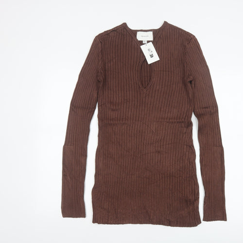 H&M Women Brown Ribbed V-Neck Long Sleeve Pullover Jumper Size 8