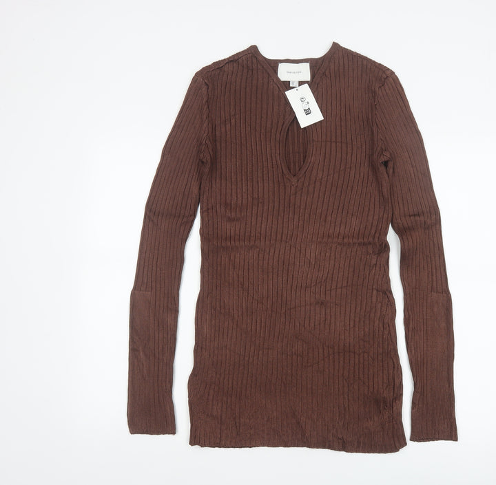 H&M Women Brown Ribbed V-Neck Long Sleeve Pullover Jumper Size 8
