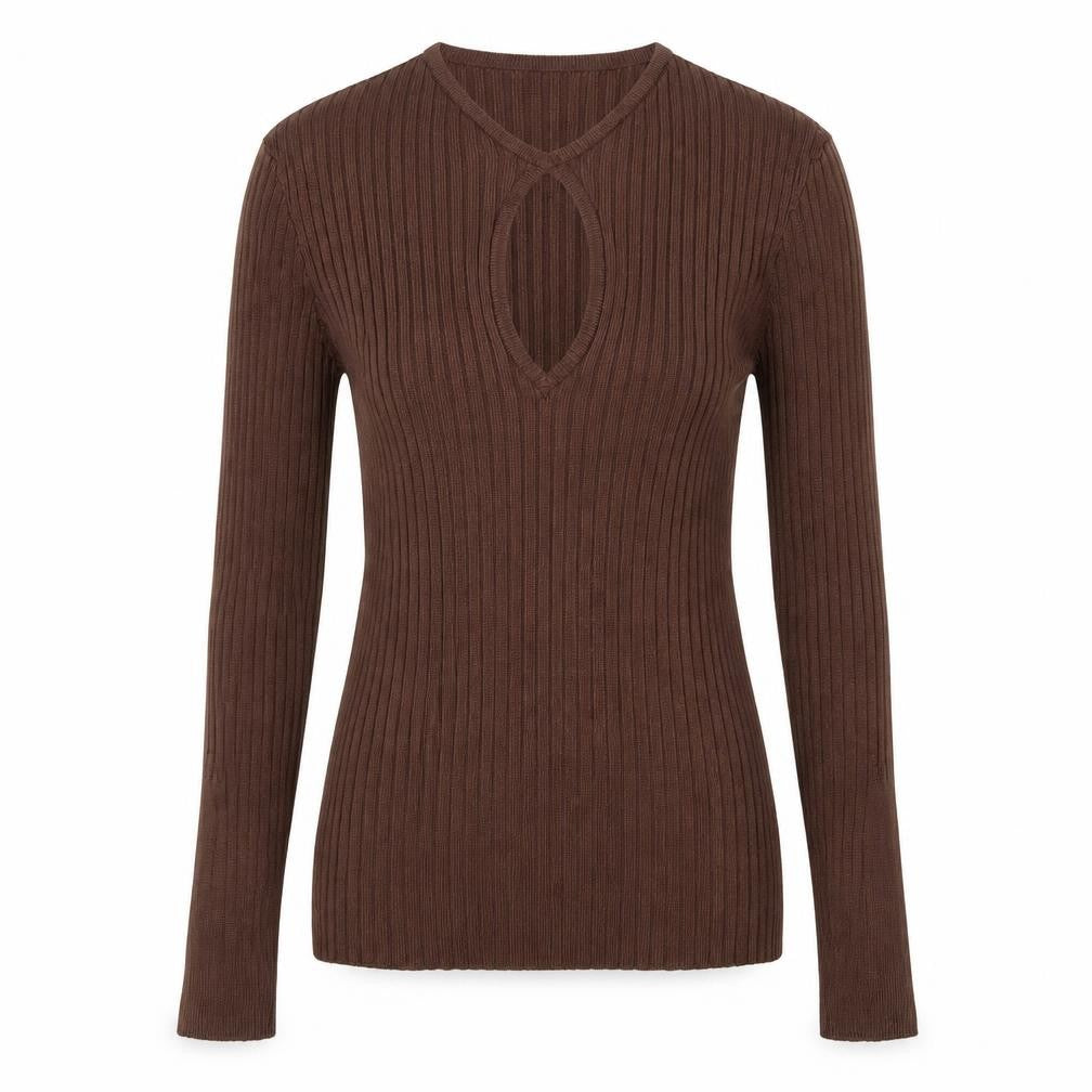 Front view of H&M Women Brown Ribbed V-Neck Long Sleeve jumper, size 8