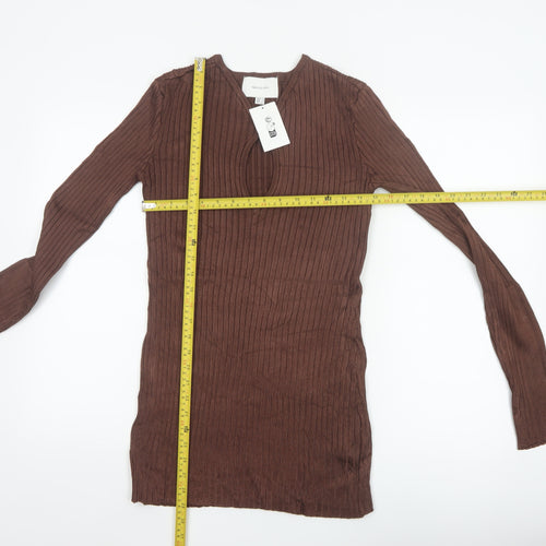 H&M Women Brown Ribbed V-Neck Long Sleeve Pullover Jumper Size 8