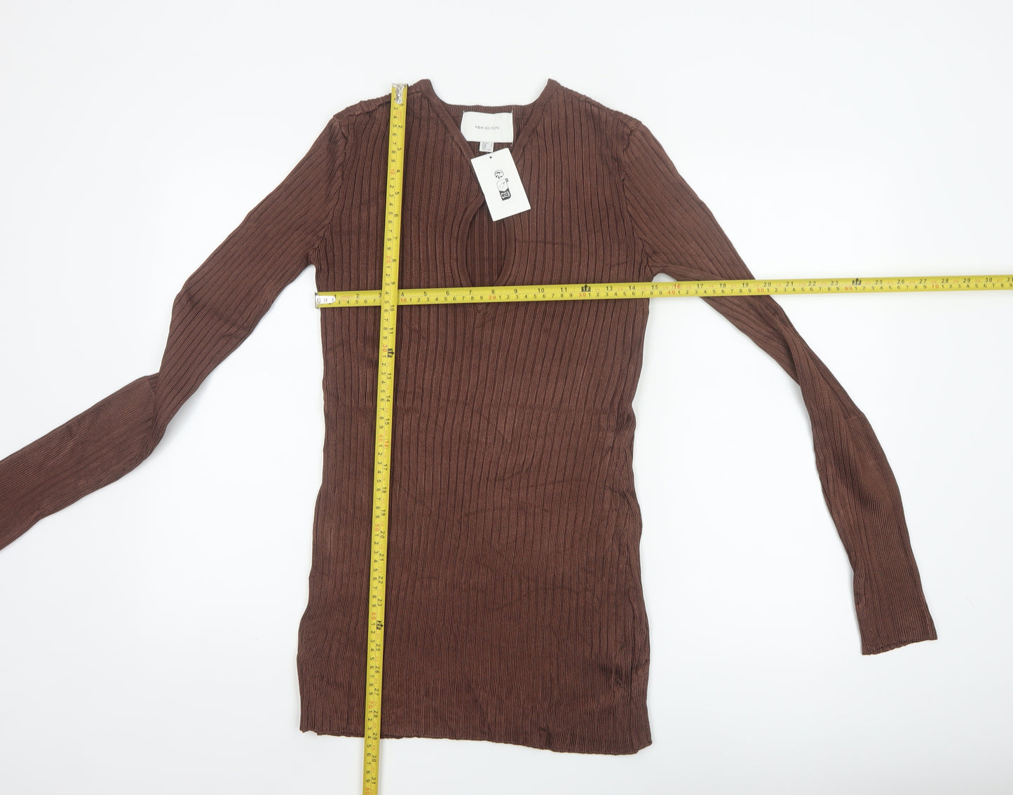 H&M Women Brown Ribbed V-Neck Long Sleeve Pullover Jumper Size 8