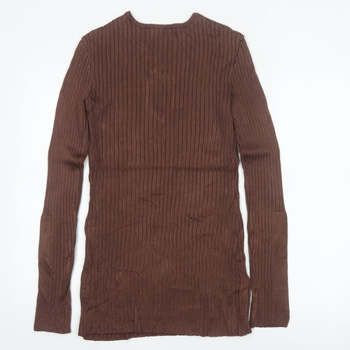 H&M Women Brown Ribbed V-Neck Long Sleeve Pullover Jumper Size 8