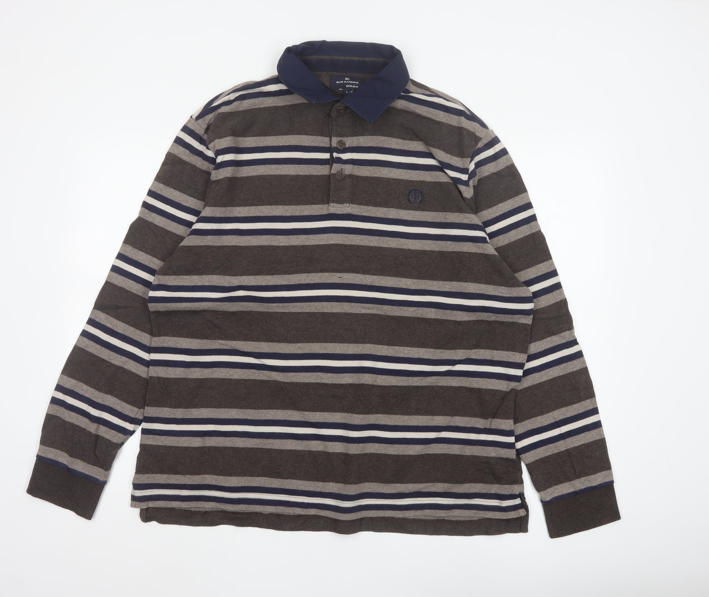Marks and Spencer Blue Harbour Men's Brown Striped Long Sleeve Polo L Regular Fit