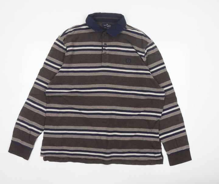Marks and Spencer Blue Harbour Men's Brown Striped Long Sleeve Polo L Regular Fit