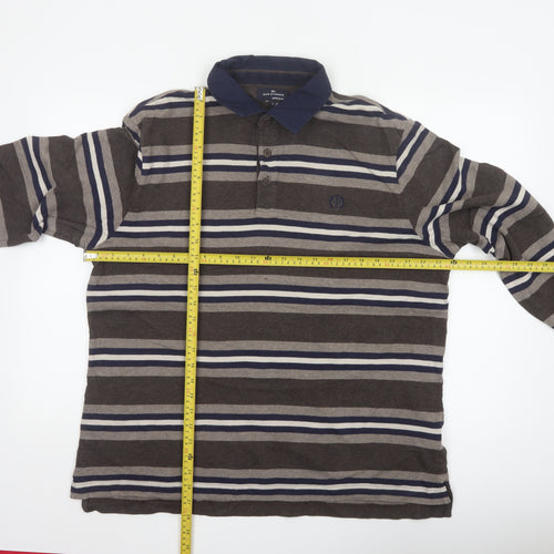 Marks and Spencer Blue Harbour Men's Brown Striped Long Sleeve Polo L Regular Fit