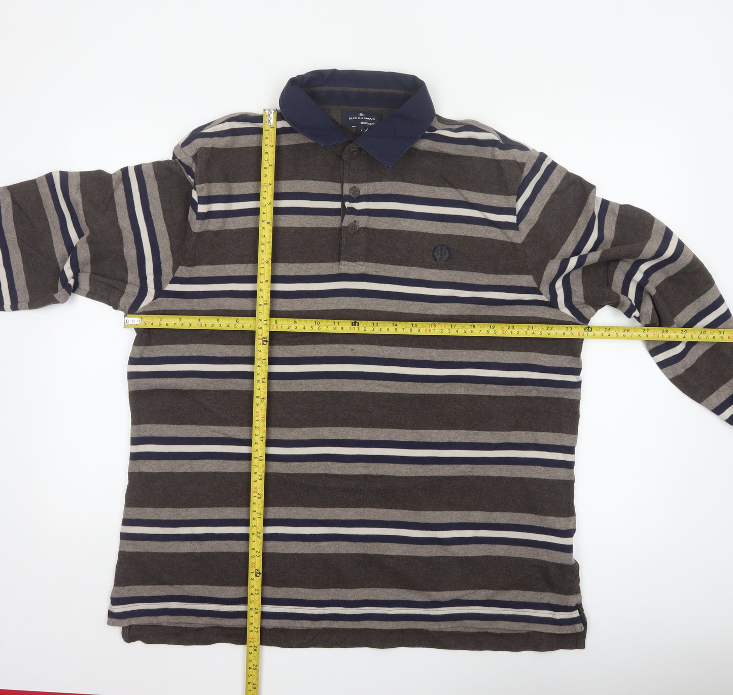 Marks and Spencer Blue Harbour Men's Brown Striped Long Sleeve Polo L Regular Fit