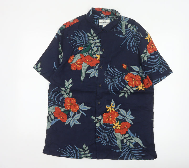 Marks and Spencer Men's Blue Hawaiian Linen Blend Short Sleeve Shirt M