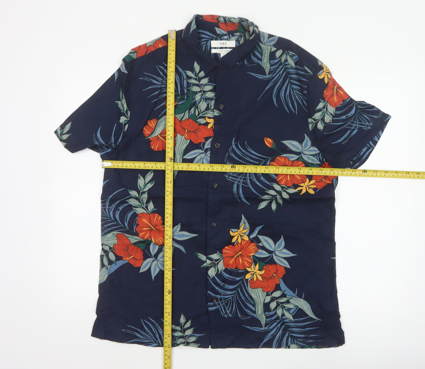 Marks and Spencer Men's Blue Hawaiian Linen Blend Short Sleeve Shirt M