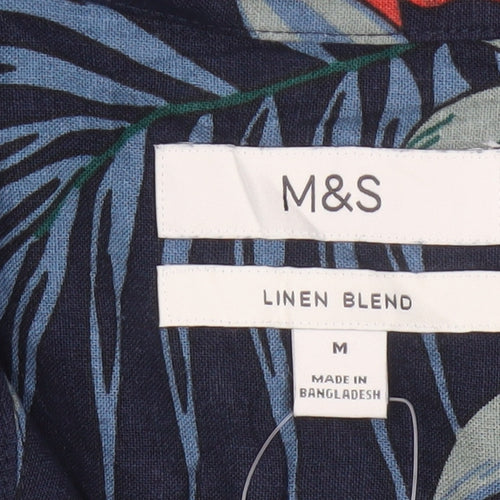 Marks and Spencer Men's Blue Hawaiian Linen Blend Short Sleeve Shirt M