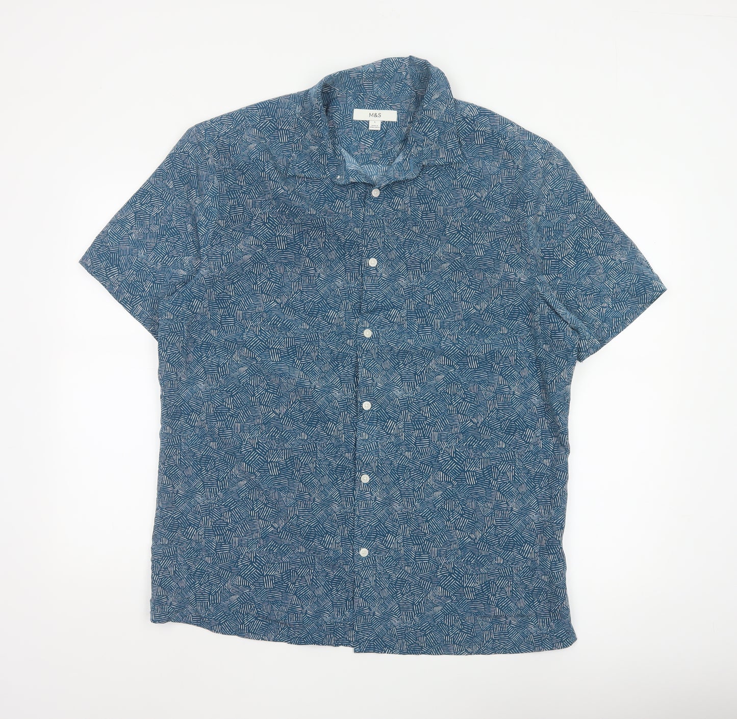 Marks and Spencer Men's Blue Geometric Short Sleeve Button-Up Shirt Size L