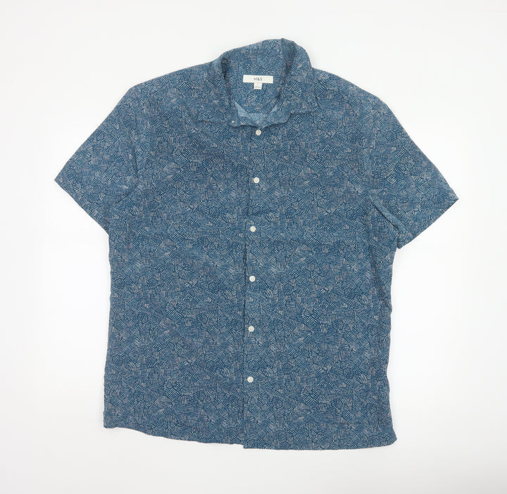 Marks and Spencer Men's Blue Geometric Short Sleeve Button-Up Shirt Size L