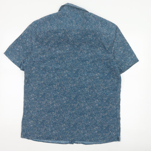 Marks and Spencer Men's Blue Geometric Short Sleeve Button-Up Shirt Size L