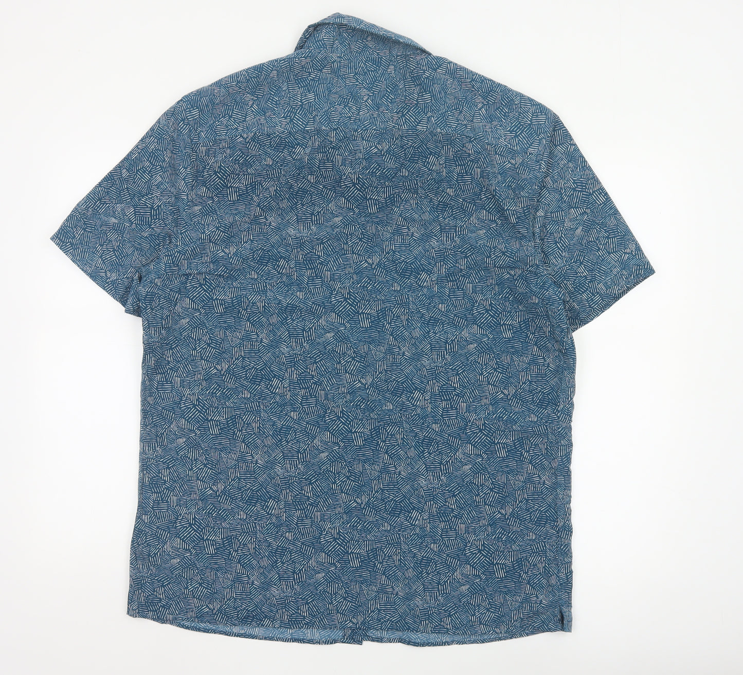 Marks and Spencer Men's Blue Geometric Short Sleeve Button-Up Shirt Size L
