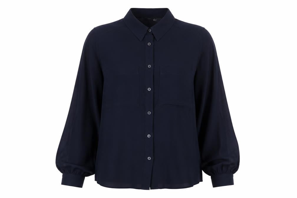 Front view of Marks & Spencer Women's Blue Long Sleeve Button-Up Blouse, size 14