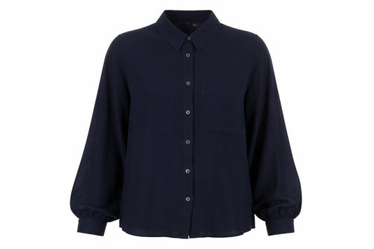 Front view of Marks & Spencer Women's Blue Long Sleeve Button-Up Blouse, size 14
