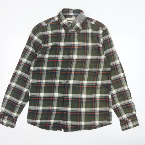 Marks and Spencer Men's Green Plaid Cotton Regular Fit Long Sleeve Shirt M