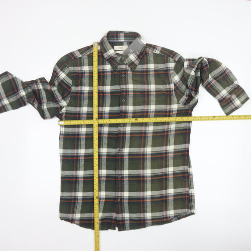 Marks and Spencer Men's Green Plaid Cotton Regular Fit Long Sleeve Shirt M