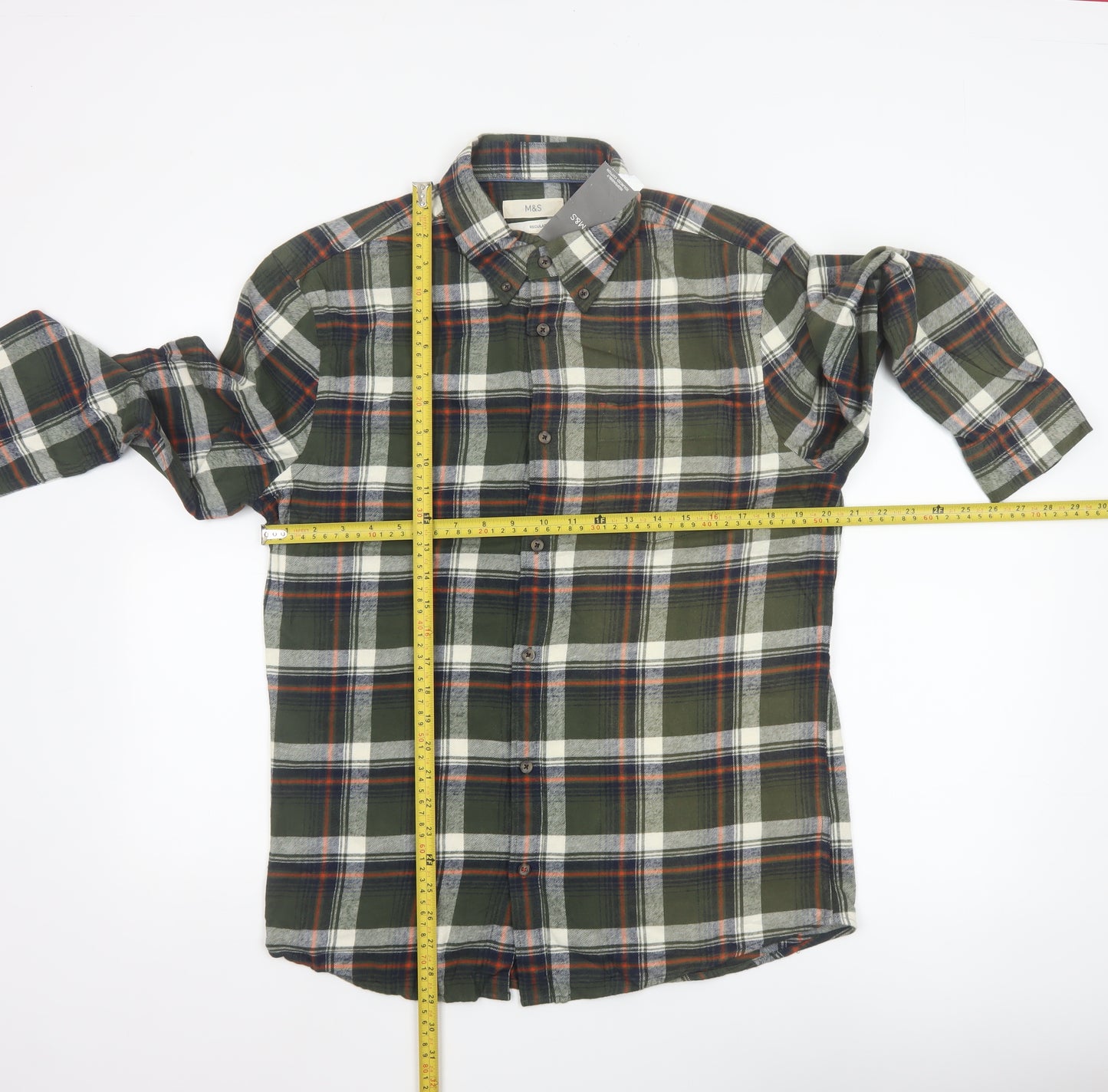 Marks and Spencer Men's Green Plaid Cotton Regular Fit Long Sleeve Shirt M