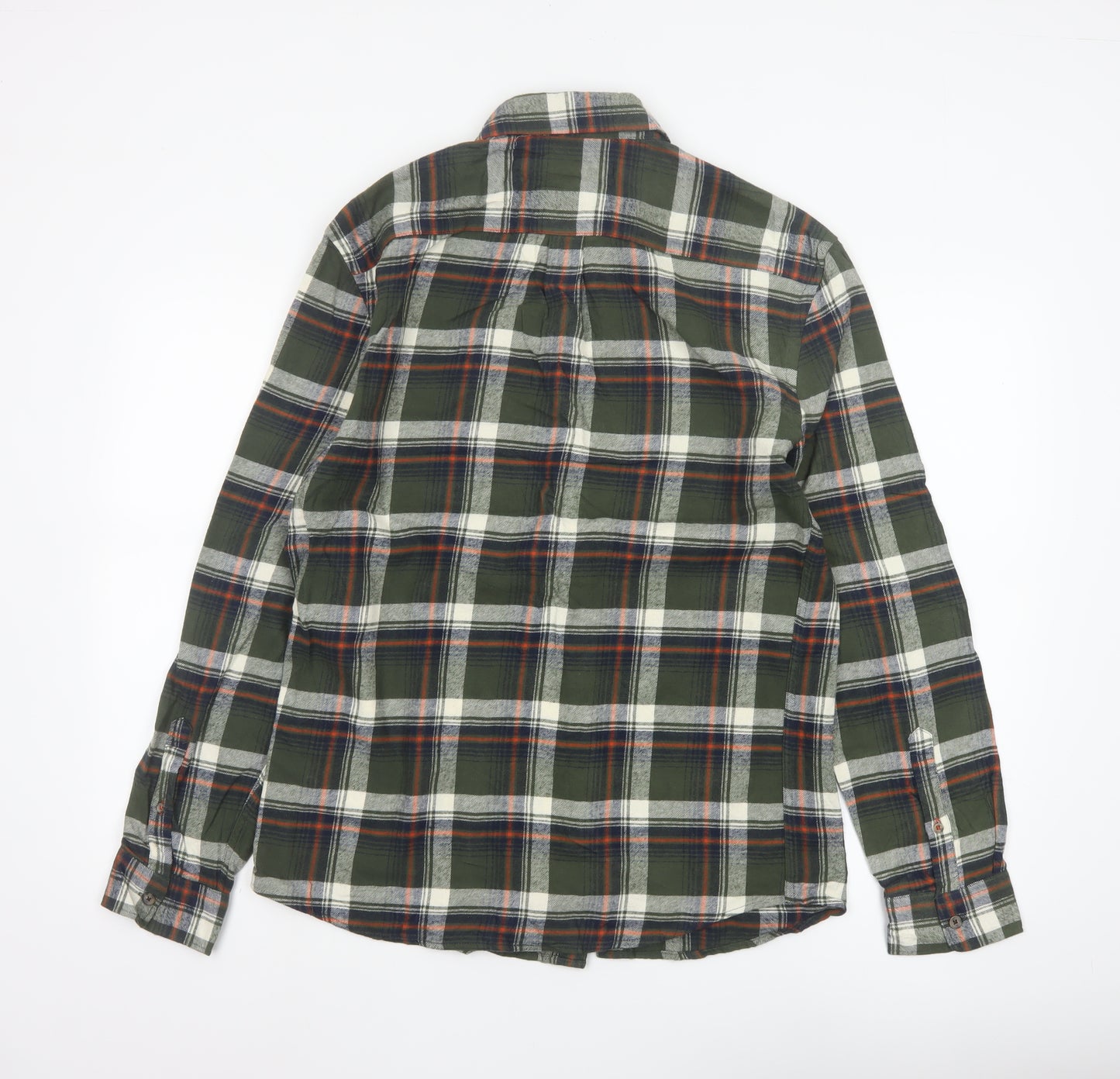 Marks and Spencer Men's Green Plaid Cotton Regular Fit Long Sleeve Shirt M