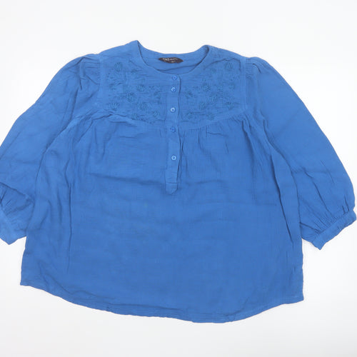 Marks and Spencer Women Blue 3/4 Sleeve Cotton Tunic Blouse Size 14