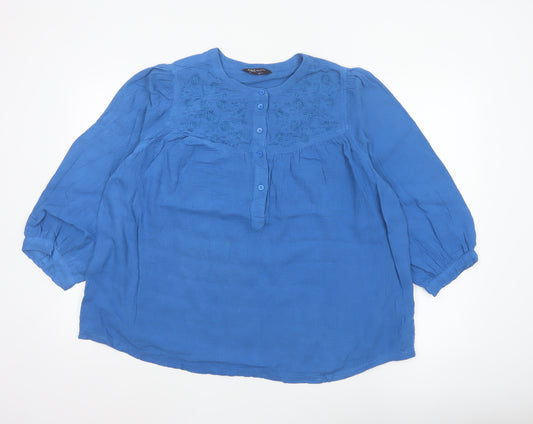 Marks and Spencer Women Blue 3/4 Sleeve Cotton Tunic Blouse Size 14
