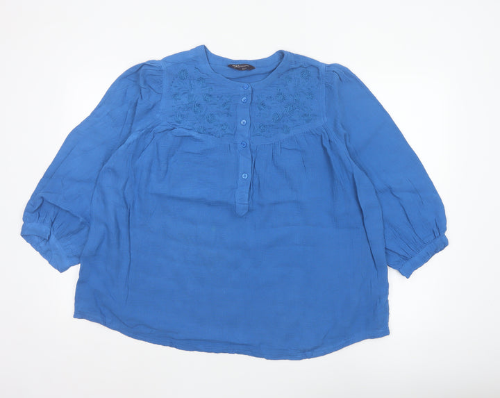 Marks and Spencer Women Blue 3/4 Sleeve Cotton Tunic Blouse Size 14
