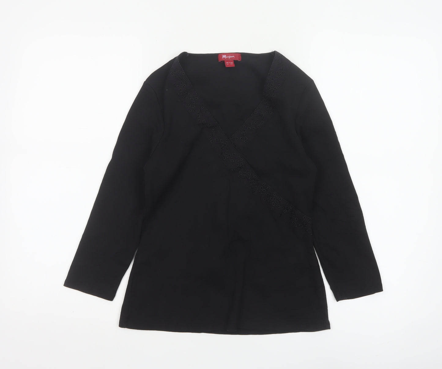 Monsoon Women Black Cotton Wrap Blouse Size 12 Long Sleeve