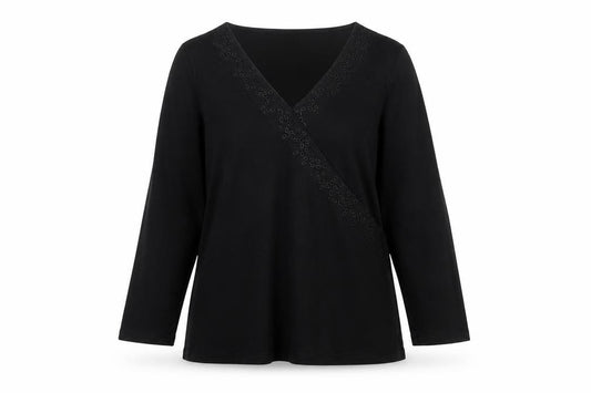 Front view of Monsoon Women Black Cotton Wrap Blouse, size 12, Long Sleeve