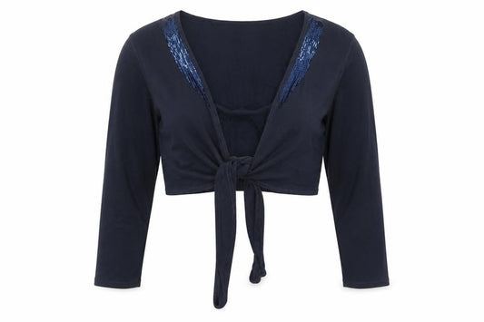 Front view of Marks & Spencer women’s blue sequin tie front cropped blouse, size UK 12