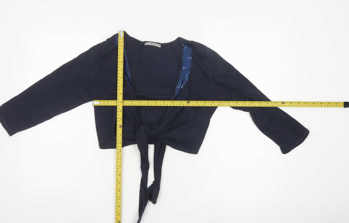 Marks and Spencer Womens Blue Sequin Tie Front Cropped Blouse Size 12