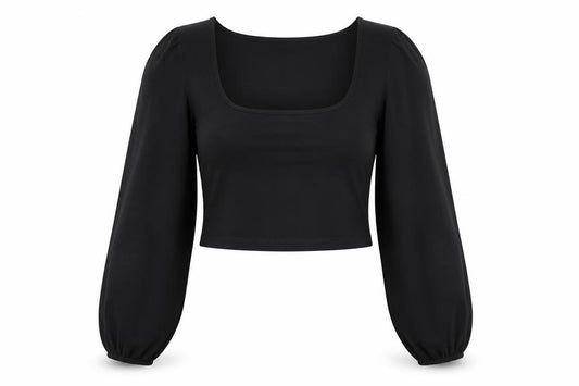 Front view of Stradivarius Women’s Black Cropped Chiffon Blouse Long Sleeve, size UK 14