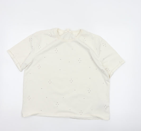 Marks and Spencer Women Ivory Rhinestone Cotton T-Shirt Size 14
