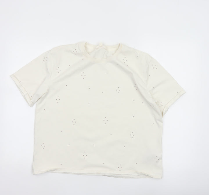 Marks and Spencer Women Ivory Rhinestone Cotton T-Shirt Size 14