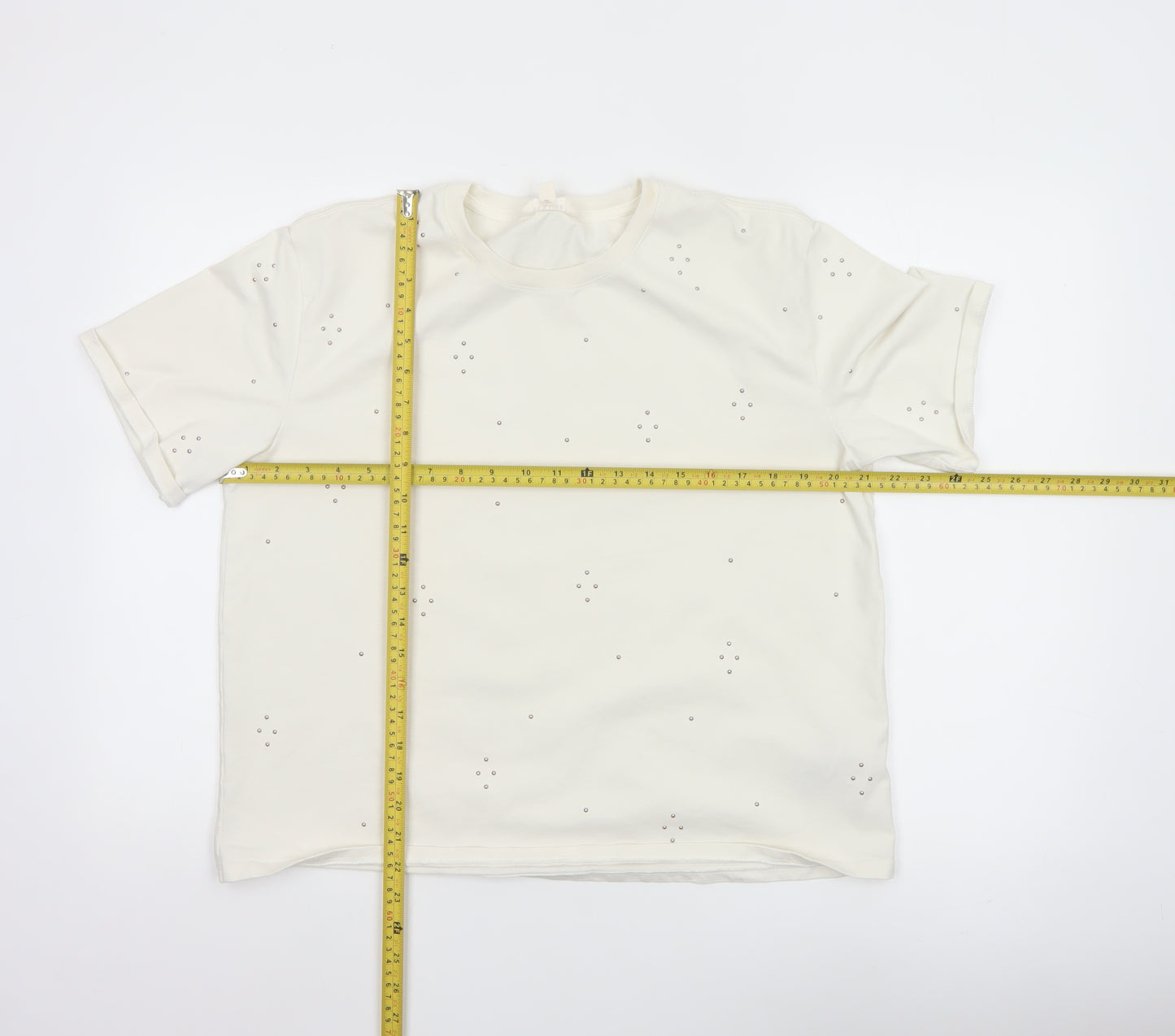 Marks and Spencer Women Ivory Rhinestone Cotton T-Shirt Size 14