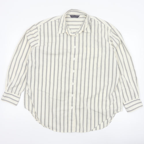Marks and Spencer Women White Striped Long Sleeve Cotton Button-Up Shirt Size 14