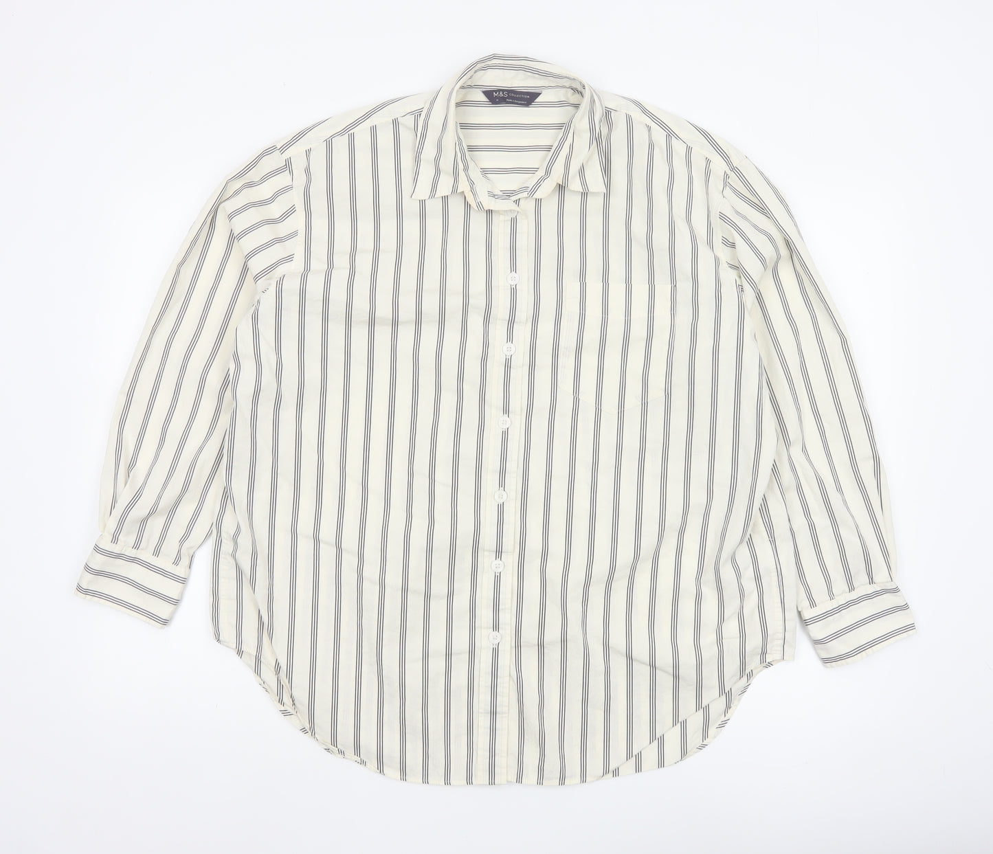 Marks and Spencer Women White Striped Long Sleeve Cotton Button-Up Shirt Size 14