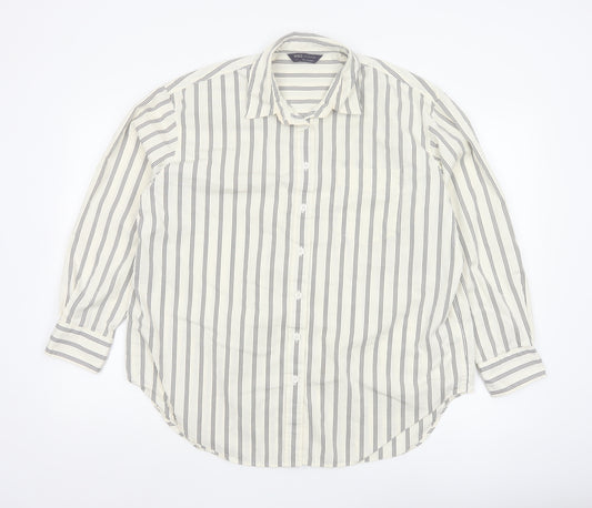 Marks and Spencer Women White Striped Long Sleeve Cotton Button-Up Shirt Size 14
