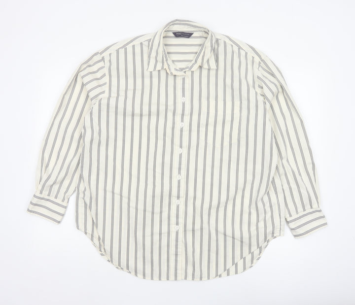 Marks and Spencer Women White Striped Long Sleeve Cotton Button-Up Shirt Size 14