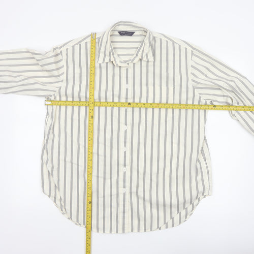 Marks and Spencer Women White Striped Long Sleeve Cotton Button-Up Shirt Size 14