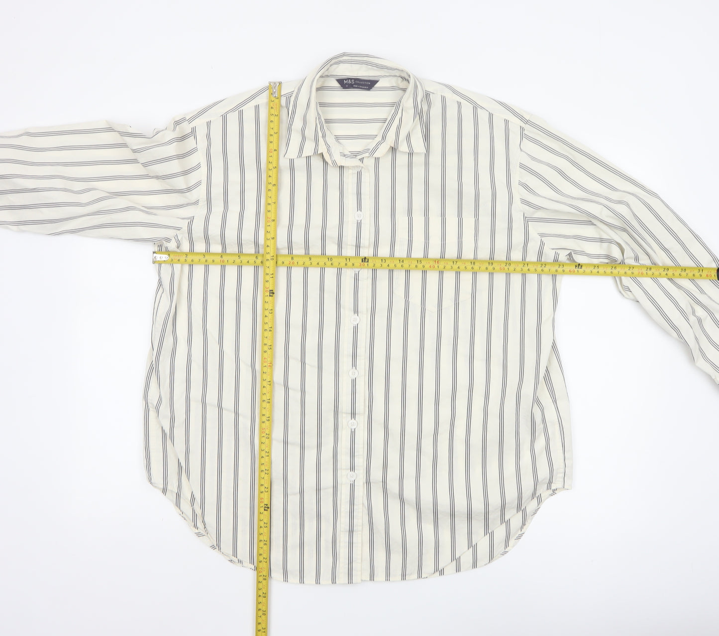 Marks and Spencer Women White Striped Long Sleeve Cotton Button-Up Shirt Size 14