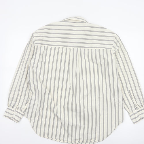 Marks and Spencer Women White Striped Long Sleeve Cotton Button-Up Shirt Size 14