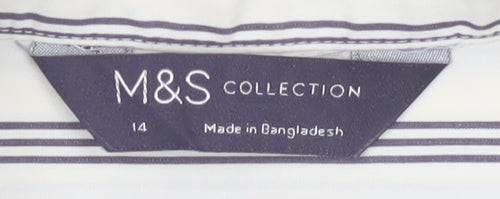 Marks and Spencer Women White Striped Long Sleeve Cotton Button-Up Shirt Size 14