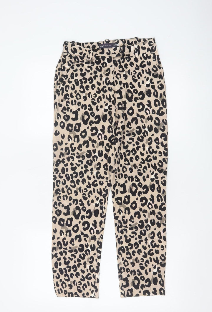 Marks and Spencer Women Beige Animal Print Slim Cropped Trousers Size 6 Short