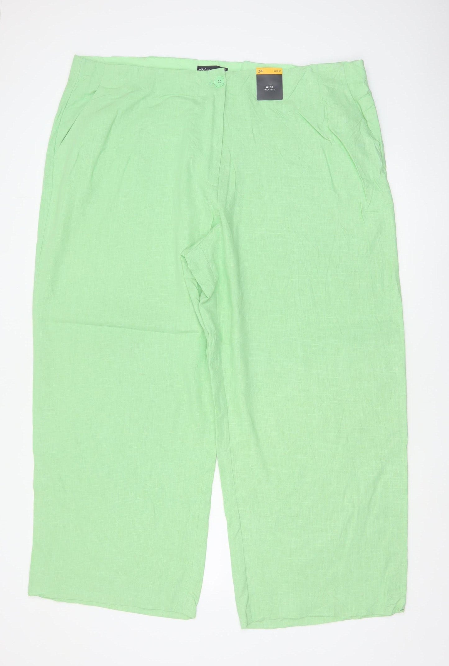 Marks and Spencer Women's Green Linen Wide-Leg Trousers Size 24 Short