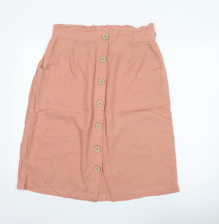 Fat Face Womens Pink Linen Blend Midi A-Line Button Skirt Size 14