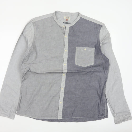 Next Men's Grey Colourblock Cotton Long Sleeve Band Collar Shirt XL